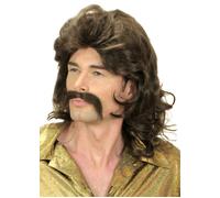Mens 1970s Dark Brown Mullet Wig and Moustache