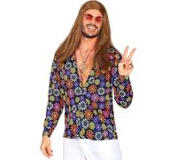 Mens 1970s Groovy Style Blue Flowers Shirt - Retro Fancy Dress Top