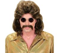 Mens 1970s Man Wig & Moustache Set Black 70s Disco Retro Fancy Dress Accessory
