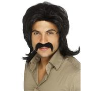 Mens 1970s Retro Flick Wig & Tash Adults Black 70s Fancy Dress Accessory Wig