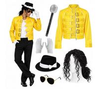 Mens 1980s Pop Star Costume Set Yellow Jacket Wig Hat Glasses Gloves | yellow jacket, black curly wig, trilby hat, gold framed sunglasses, white gloves, glitter mic, adult fancy dress set