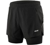 Men's 2 In 1 Shorts Quick Drying Breathable Active Training Exercise Jogging Marathon Cycling Work-Out Shorts with Zipper Side Pockets Longer Liner & Reflective Elements (Black,L)