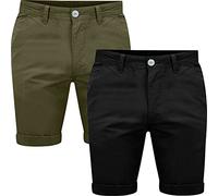 Mens 2 Pack Stretch Chino Shorts Cotton Twill Red Detailing Combat Style Accents Casual Above Knee Summer Wear, Plain - Black & Olive, 38W