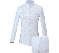 Men's 2 Piece Chinese Tunic Suit Mandarin Collar Blazer Set Trousers Jacket Button Down Traditional Uniform Wedding Dress, White 4, XL