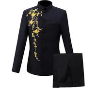 Men's 2 Piece Chinese Tunic Suit Mandarin Collar Blazer Set Trousers Jacket Button Down Traditional Uniform Wedding Dress, Le Noir 2, 4XL