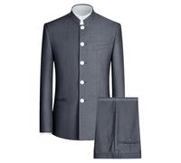 Men's 2 Piece Chinese Tunic Suit Mandarin Collar Blazer Set Trousers Jacket Button Down Traditional Uniform Wedding Dress, Grey B1, M