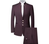Men's 2 Piece Chinese Tunic Suit Mandarin Collar Blazer Set Trousers Jacket Button Down Traditional Uniform Wedding Dress, Red Wine A1, XL