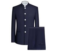 Men's 2 Piece Chinese Tunic Suit Mandarin Collar Blazer Set Trousers Jacket Button Down Traditional Uniform Wedding Dress, Blue B1, M
