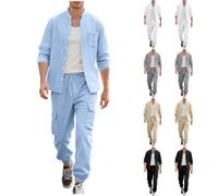 Mens 2 Piece Cotton Linen Sets UK Sale Clearance, Long Sleeve Button Down Shirts and Cargo Work Combat Trousers, Running Joggers Set Athletic Sweat Suits Holiday Outfits Casual Loungewear Sets