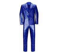 Men's 2-piece Disco Costume, Jacket, Pants, Outfit Set for Adults, 70s, Shiny Metallic Sequins, Halloween, Cosplay, Party Suit, Blue, XXL