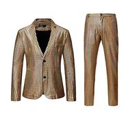 Men's 2 Piece Disco Suit Sets Shiny Blazer Jacket and Pants Metallic Sequin Suits, Mens Night Club Metallic Gold Suit Pants Straight Leg Trousers Plaid Suit Jackets Slim Fit Wedding Formal Dinner Suit
