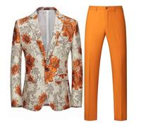 Mens 2 Piece Floral Dress Suit One Button Dinner Tuxedo Jacket & Pants Luxury Printed Wedding Blazer (4XL,Orange)