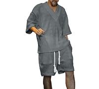 Men's 2 Piece Knitted Set Rolled Short Sleeve Shirts and Shorts Breathable and Comfortable V Collar Shirt Top with Drawstring Elastic Waist Shorts Summer Casual Solid Color Outfits