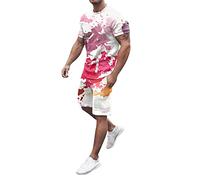 Mens 2 Piece Linen Beach 2 Piece Open Front Kimono Cardigan Short Sleeve and Shorts Lightweight Beach Holiday Kimono Jackets Silver Outfit Men Indian Short Kurta Set for Men(Red,S)