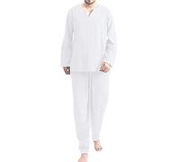 Men's 2 Piece Linen Pajamas Set Fall Lightweight Long Sleeve V-Neck Home Lounge Suit Sets Solid Color Comfy Sleepwear(White,X-Large)