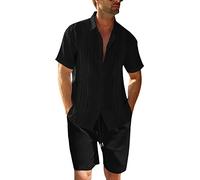 Men's 2-Piece Linen Set, Regular Fit, Button Placket, Beach Shirt and Shorts, Short Sleeve Summer Outfits, black, XXL