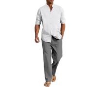 Mens 2 Piece Linen Summer Sets, 2 Piece Outfits Men Summer, Longsleeve Buttondown Shirt & Loosefit Wide Leg Pants Casual Beachwear Soft Suit for Holiday Loungewear