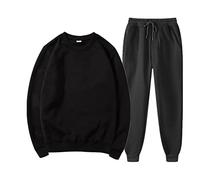 Men's 2 Piece Outfits Solid Color Long Sleeve Round Neck Sweatshirt with Drawstring Waist Sweatpants Set(Black,Large)