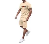 Mens 2 Piece Outfits Summer Beach Set Short Sleeve Button Down Textured Shirts and Shorts Sets Casual Resort Wear Sport Set Summer Beach Holiday Clothes for Men (Beige,L)