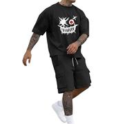 Mens 2 Piece Short Outfits,Men's Novelty Devil Graffiti Short-Sleeved T-Shirt Retro Quirky Print T-Shirt