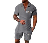 Men's 2 Piece Short Sleeve Graphic Tee Hawaiian Printed Drawstring Shorts Set Summer Beach Vacation Outfits Striped Casual T-Shirt Set (Men's Tracksuit Polo Shirt & Shorts Grey,S)