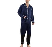 Men's 2-Piece Silk Pajama Set Male Pjs Sets Mulberry Silk Long Sleeve Sleepwear Black