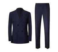 Mens 2 Piece Suit Slim Fit Pinstripe Double Breasted Blazer and Pants Suits Set Formal Wedding Tuxedo Suit (Dark Blue,L)