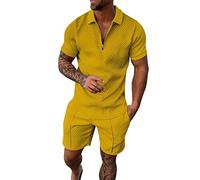 Mens 2 Piece Sweatsuits Sets Big and Tall Linen Shirts Short Sleeve Button Up Shirts Beach Hawaiian 2 Piece Short Set Track Suit Beach Sets Sales Clearance Yellow