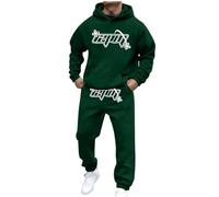 Mens 2 Piece Sweatsuits Sets Big and Tall Long Sleeve Henley Shirts Casual Beach Pants with Pockets Summer Yoga Outfits Jogger Jacket Basic Hoodie & Jogger Set Christmas (Dark Green, L)