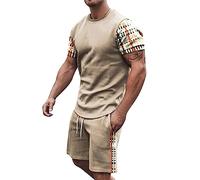 Men's 2 Piece Vertical Striped Textured Outfits Summer Casual Button Down Shirts and Pants Matching Sets Active Shorts Set Cabana Wear (Men's T-Shirt & Shorts Set Beige