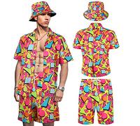 Men's 2 Pieces 80s 90s Outfit Retro Shirts and Shorts Set with Hat Hawaiian Beach Tracksuits for Men Disco Party, Chic, XXL