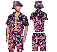 Men's 2 Pieces 80s 90s Outfit Retro Shirts and Shorts Set with Hat Hawaiian Beach Tracksuits for Men Disco Party, Fresh, XXL