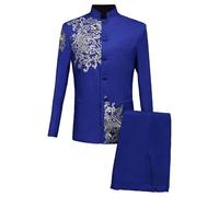 Men's 2 Pieces Chinese Tunic Suit Set Mandarin Collar Blazer Jacket Pants Sets Slim Fit Stand Collar Uniform Blue