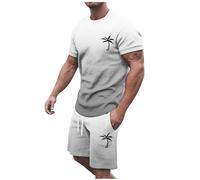 Men's 2 Pieces Cotton Linen Set Casual Short Sleeve Henley Shirts Beach Yoga Pants Summer Outfits Sweatsuit Gym 2pcs Sports Sweat Suit (Men's Summer Tracksuit Set Grey