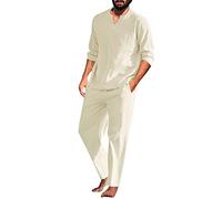 Men's 2 Pieces Cotton Linen Set Henley Shirt Long Sleeve and Casual Beach Pants Summer Yoga Outfits Lightweight Pajamas Set(Khaki,Medium)
