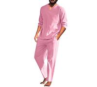 Men's 2 Pieces Cotton Linen Set Henley Shirt Long Sleeve and Casual Beach Pants Summer Yoga Outfits Lightweight Pajamas Set(Pink,Large)