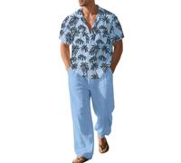 Men's 2 Pieces Cotton Linen Set, Men Summer Set, Longsleeve Buttondown Shirt with Loose Fit Wide Leg Pants Lightweight Beach Suit Holiday Beach Daily Wear
