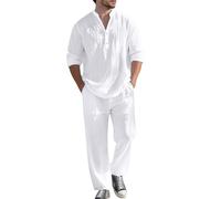 Men's 2 Pieces Cotton Linen Sets, Mens 2 Piece Summer Sets, Longsleeve Buttondown Shirt with Loose Fit Wide Leg Pants Lightweight Beach Suit Holiday Beach Daily Wear
