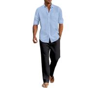 Men's 2 Pieces Cotton Linen Sets, Mens Two Piece Summer Set, Longsleeve Buttondown Shirt with Loose Fit Wide Leg Pants Lightweight Beach Suit Holiday Beach Daily Wear