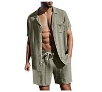 Men's 2 Pieces Cotton Linen Shirt Tracksuits Full Set brown navy red beige Short Sleeve Button Down Shirts Lightweight Summer Beach Wide Leg Shorts Casual Vacation Outfits Lounge Nightwear Pyjamas xxs