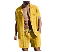 Men's 2 Pieces Cotton Linen Shirt Tracksuits Full Set brown navy red beige Short Sleeve Button Down Shirts Lightweight Summer Beach Wide Leg Shorts Casual Vacation Outfits Lounge Nightwear Pyjamas xxs