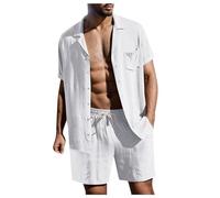 Men's 2 Pieces Cotton Linen Shirt Tracksuits Full Set brown navy red beige Short Sleeve Button Down Shirts Lightweight Summer Beach Wide Leg Shorts Casual Vacation Outfits Lounge Nightwear Pyjamas xxs