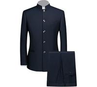 Men's 2 Pieces Mandarin Collar Single Breasted Suits Formal Business Tunic Jackets Chinese Stand Collar Slim Fit Blazers for Men (Navy Blue B1,3XL)