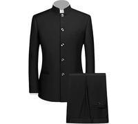 Men's 2 Pieces Mandarin Collar Single Breasted Suits Formal Business Tunic Jackets Chinese Stand Collar Slim Fit Blazers for Men (Black B1,XS)