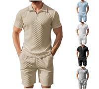 Men's 2 Pieces Waffle Tracksuits UK Sale Clearance Polo Short Sleeve Suit Set 1/4 Zip Pullover T-Shirts and Shorts Joggers Gym Sport Beach Sets Fitness Sportswear Summer Casual Wear Loungewear Khaki