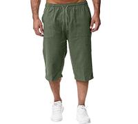 Men's 3/4 Cotton Linen Shorts Casual Classic Loose Fit Comfy Outdoor Sports Fitness Summer Capri Shorts with Pockets Drawstring Elastic Waist Green