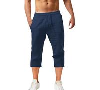 Mens 3/4 Cotton Linen Shorts, with Pockets Summer Holiday Beach Shorts Solid Casual Loose Fit Drawstring Tapered Long Short Lightweight Breathable Elastic Waist Walking Short Size S-3XL Navy