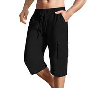 Men's 3/4 Length Cotton Linen Shorts Elasticated Waist Cropped Trousers Summer Outdoor Quick Dry Breathable Stretch Combat Cargo Shorts with 4 Pockets Hiking Walking 3/4 Trousers Everyday Workwear