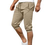 Mens 3/4 Length Joggers Mens Cropped Trousers Cuffed Tracksuit Bottoms Three Quarter Length Shorts Breathable Comfy Gym Running Capri Pants Lightweight Loose Fit Workout Sport Pants Beige