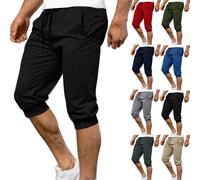 Mens 3/4 Length Joggers Mens Cropped Trousers Cuffed Tracksuit Bottoms Three Quarter Length Shorts Breathable Comfy Gym Running Capri Pants Lightweight Loose Fit Workout Sport Pants Black